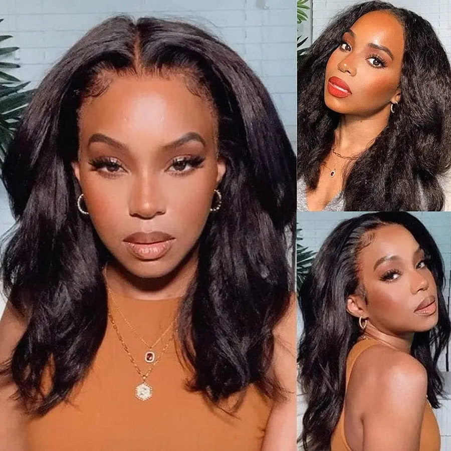 Kinky straight lace front wig in 30 inches, Brazilian Remy human hair, transparent lace frontal, styled for women.
