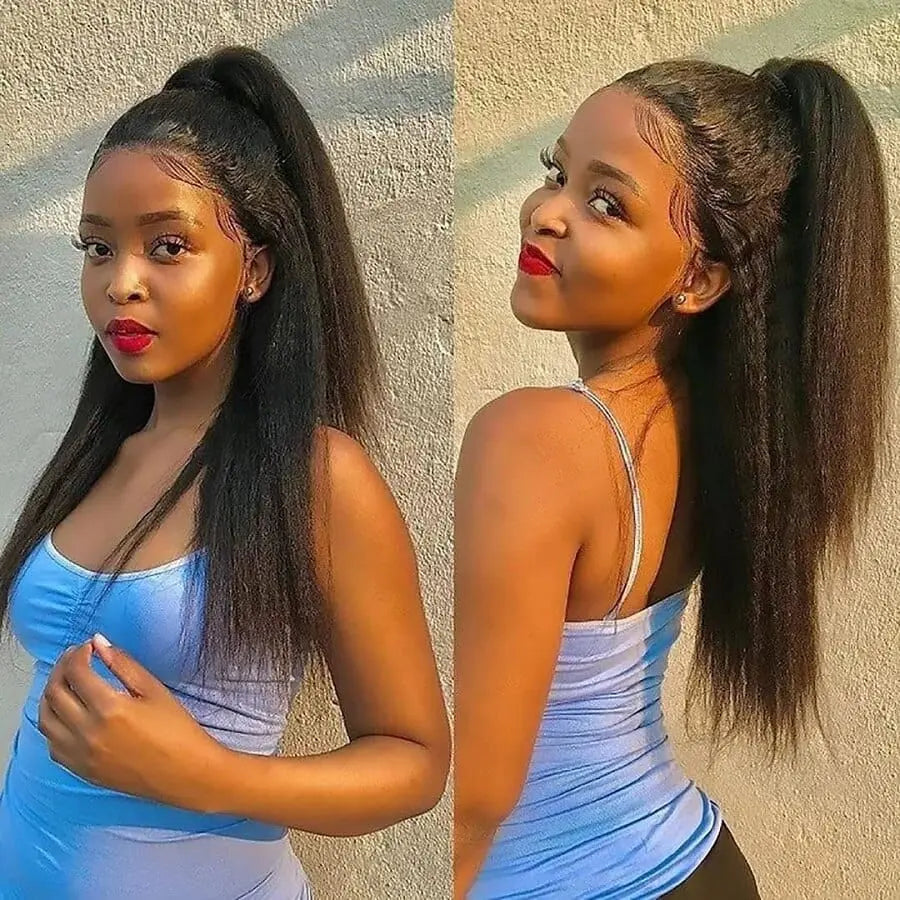Alimaster kinky straight lace front wig in 30 inches, Brazilian Remy human hair with transparent lace frontal for women.