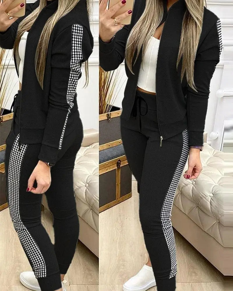 Noworry women's leopard two-piece tracksuit with zipper top and matching leggings, stylish activewear for women.