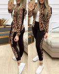 Showlu Fashion Women's leopard two-piece tracksuit with zipper top and leggings, stylish activewear for women.