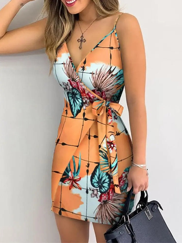 Women's tropical print V-neck wrap mini beach dress by Showlu Fashion Store, sleeveless summer holiday dress, casual and stylish.