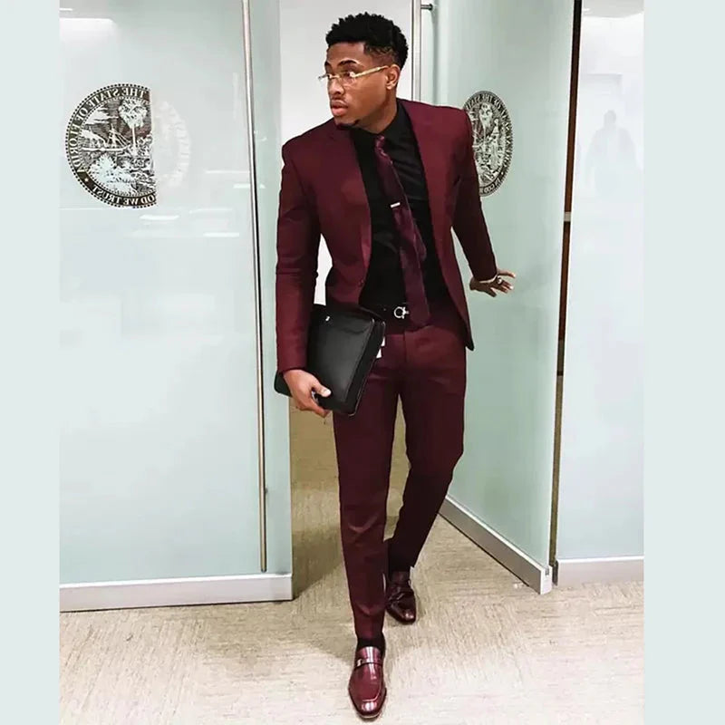 Men's burgundy slim fit 2-piece suit with cotton blazer and trousers, stylish business attire from SHOWLU FASHION STORE