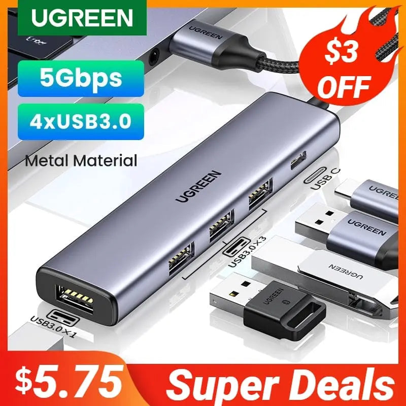 UGREEN USB C Hub with 4 USB 3.0 ports, Type C splitter adapter for MacBook Pro, iPad Pro, Samsung Galaxy, showcasing device connections