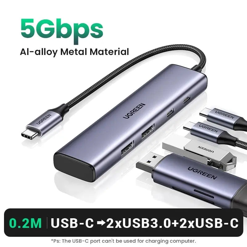 UGREEN USB C Hub with 4 USB 3.0 ports, Type C splitter adapter for MacBook Pro, iPad Pro, Samsung Galaxy, and other devices.