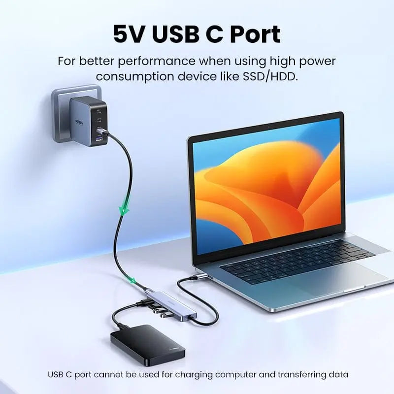 UGREEN USB C Hub with 4 USB 3.0 ports, Type C splitter adapter for MacBook Pro, iPad Pro, Samsung Galaxy, and other devices.