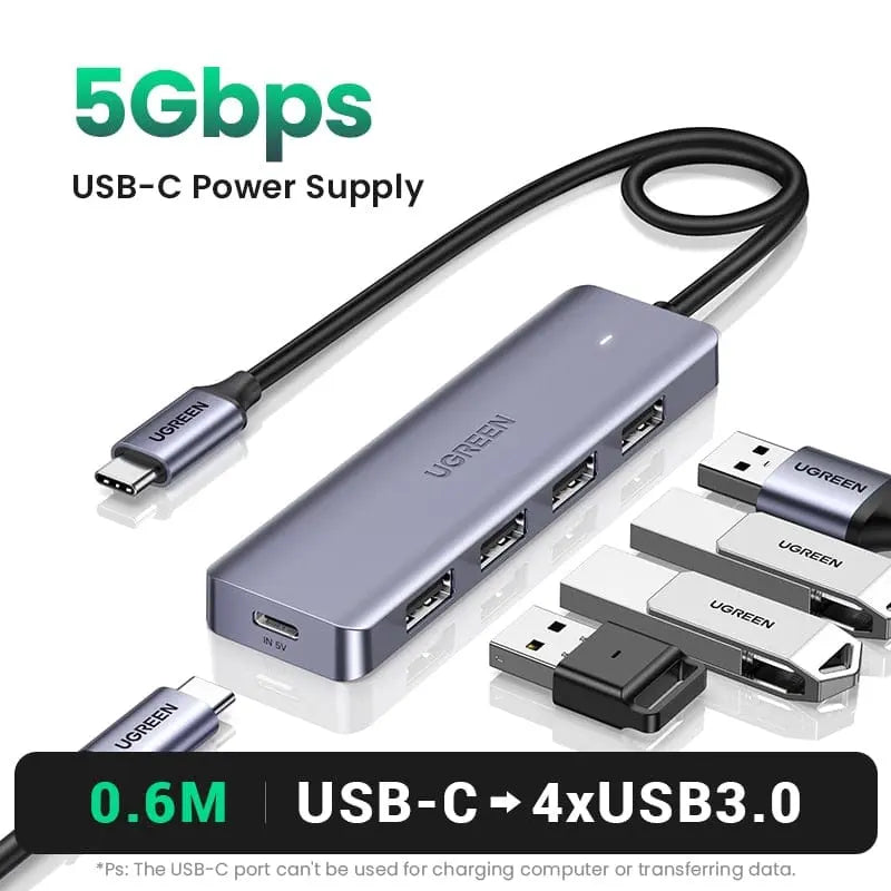 UGREEN USB C Hub with 4 USB 3.0 ports and Type C splitter adapter, compatible with MacBook Pro, iPad Pro, and Samsung Galaxy devices.