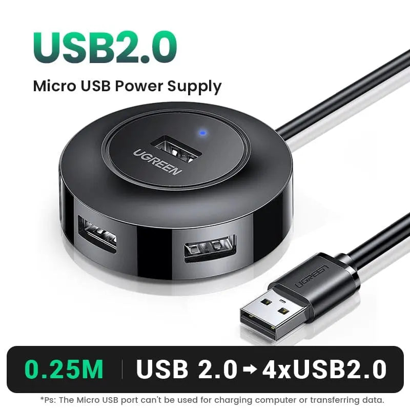 UGREEN USB C Hub with four USB 3.0 ports and Type C splitter adapter, compatible with MacBook Pro, iPad Pro, and Samsung Galaxy.