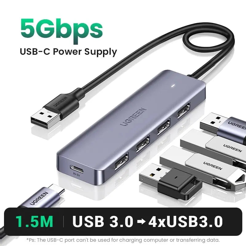 UGREEN USB C Hub with 4 USB 3.0 ports, Type C splitter adapter for MacBook Pro, iPad Pro, Samsung Galaxy, and other devices.