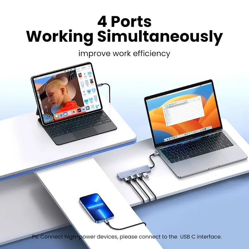 UGREEN USB C hub with 4 USB 3.0 ports, compact Type C splitter adapter for MacBook Pro, iPad Pro, Samsung Galaxy, and more.