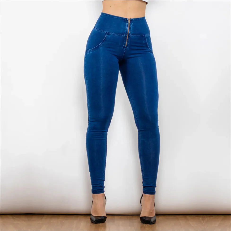 Light blue high waist push-up skinny denim jeans by Shascullfites Melody, featuring a flattering fit and classic denim texture.