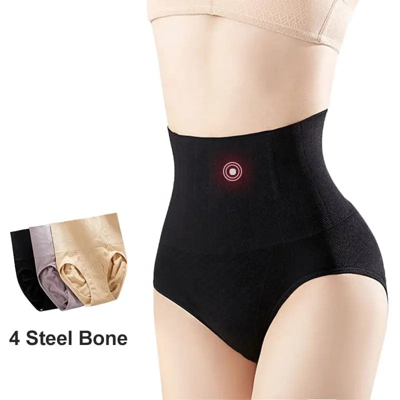 A torso wears the Underwear Bragas Fajas Women Shaper Thong Bodyshaper Nude Low High Waist Pant Tummy Tuck Shapewear Panty, with three extra colors—black, beige, and gray—shown at the side. Text: 4 Steel Bone.