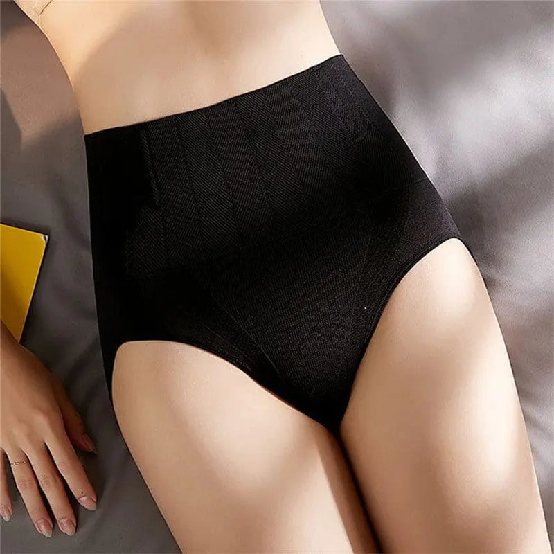 A person lies on a bed wearing Underwear Bragas Fajas Women Shaper Thong Bodyshaper Nude Low High Waist Pant Tummy Tuck Shapewear Panty, their left arm beside them and a yellow notebook nearby.