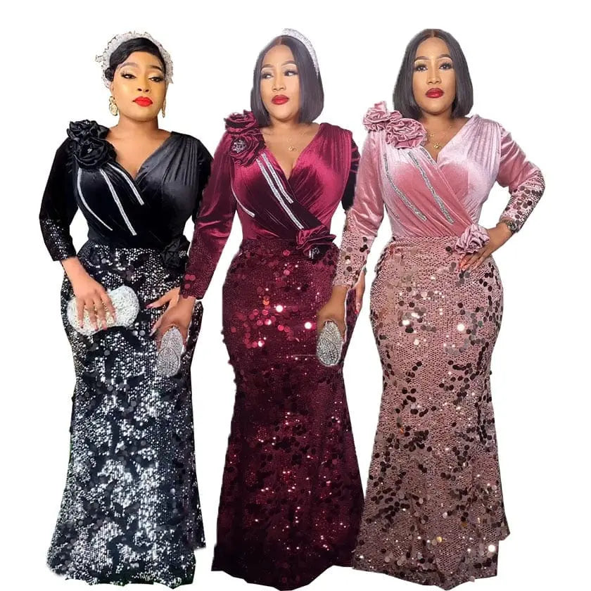Velvet African long-sleeve V-neck sequin evening dress by Showlu Fashion Store, slim fit bodycon design for women.