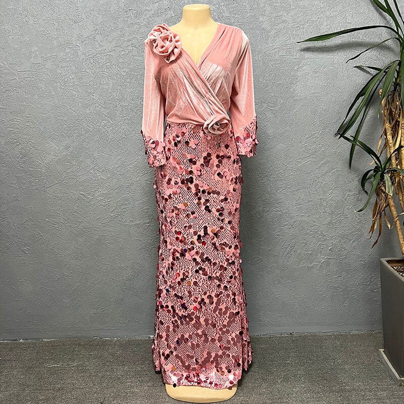 Velvet African long-sleeve V-neck sequin evening dress for women, slim fit, luxurious party bodycon dress by Showlu Fashion Store