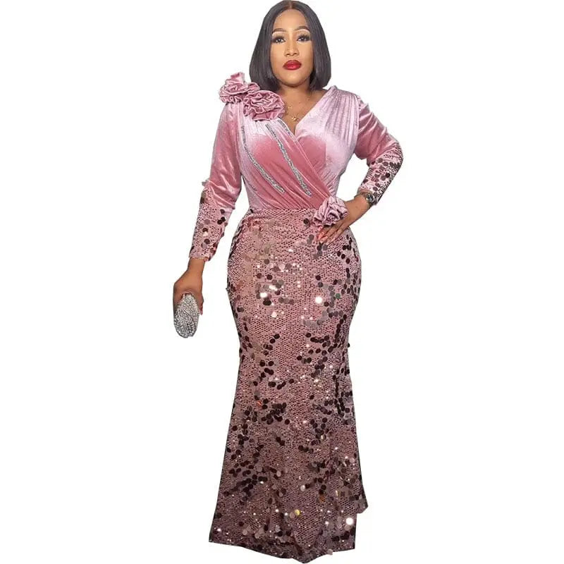 Velvet African long-sleeve V-neck sequin evening dress for women, slim fit bodycon style by Showlu Fashion Store.