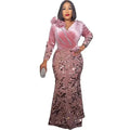 Velvet African long-sleeve V-neck sequin evening dress for women, slim fit bodycon style by Showlu Fashion Store.