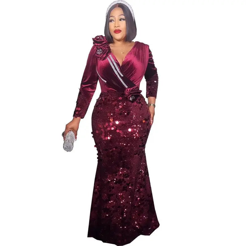Velvet black V-neck sequin evening dress by Showlu Fashion Store, slim fit bodycon style for women’s luxury party wear.