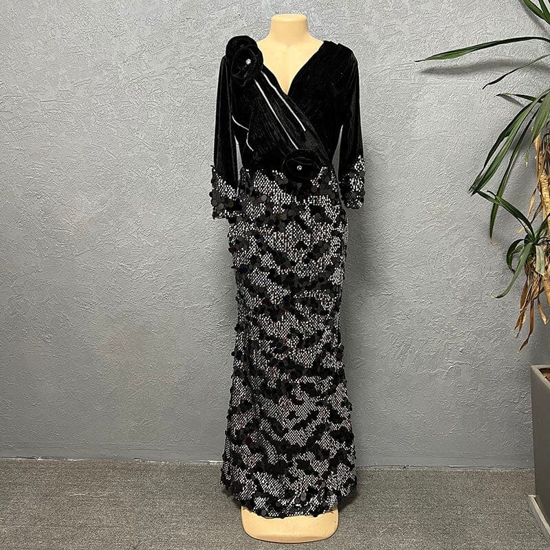 Velvet black V-neck sequin evening dress by Showlu Fashion Store, slim fit bodycon style for elegant winter parties.