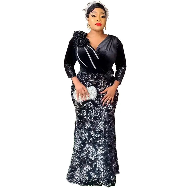 Velvet black V-neck sequin evening dress by Showlu Fashion Store, slim fit bodycon style for elegant autumn winter parties.