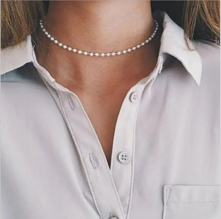 Fomalhaut 6mm pearl choker necklace with shell pendant for women, vintage style, simple jewelry for wedding or special occasions