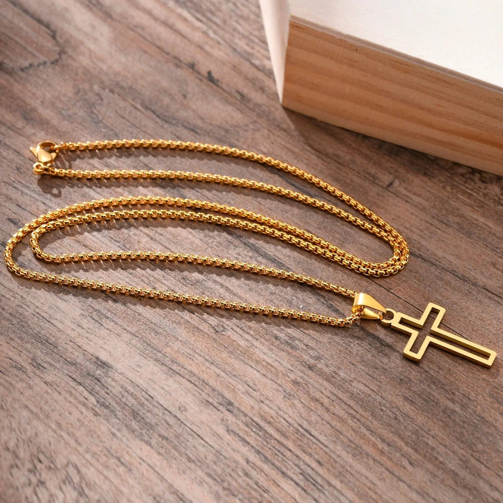 Stainless steel Vnox hollow cross necklace with cutout design and 24-inch chain, unisex religious faith jewelry.