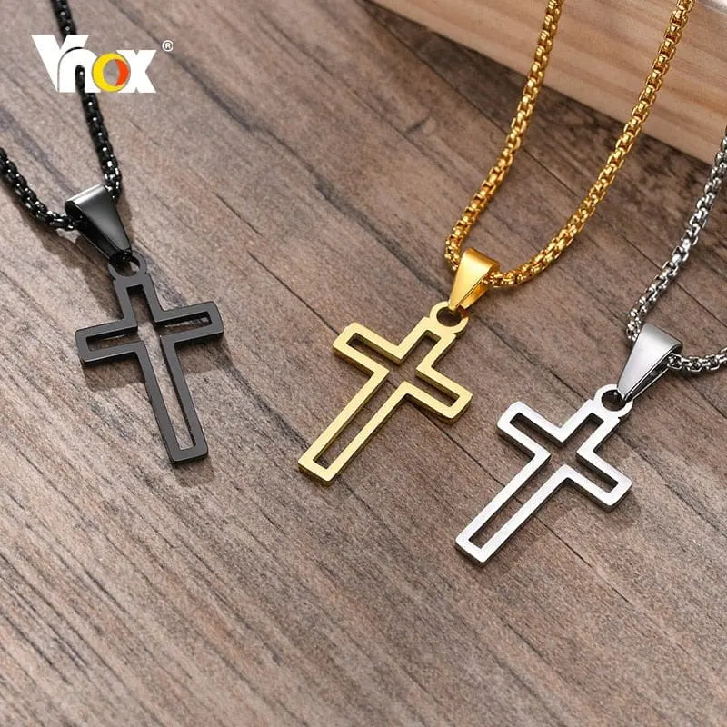 Stainless steel Vnox hollow cross necklace with cutout pendant on a 24-inch chain, suitable for men and women.