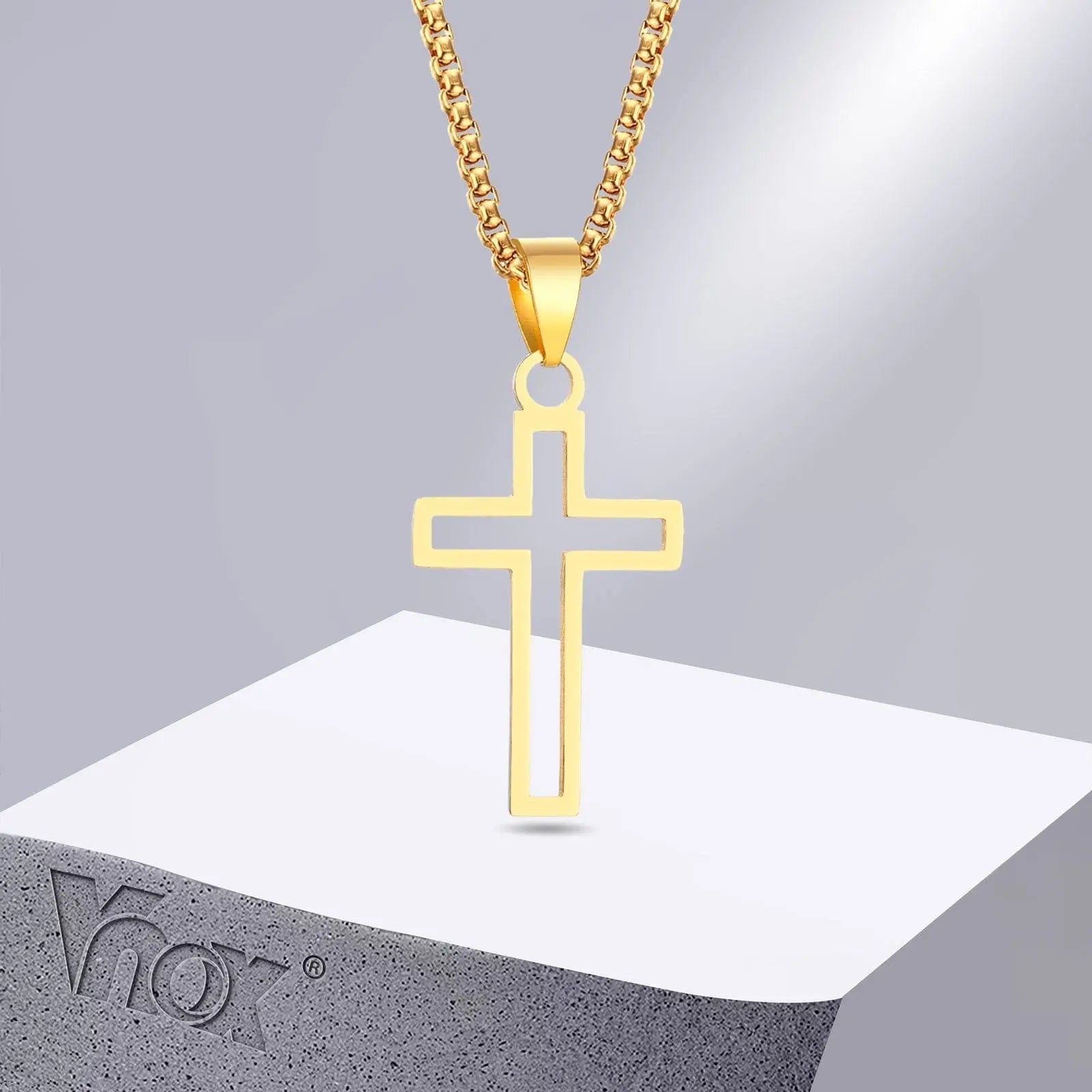 Vnox stainless steel hollow cross necklace with cutout pendant and 24-inch chain, suitable for men and women.