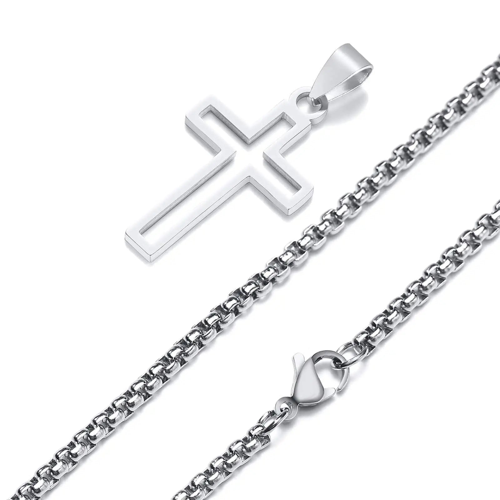 Stainless steel Vnox hollow cross necklace with cutout pendant and 24-inch chain, suitable for men and women, religious faith jewelry.