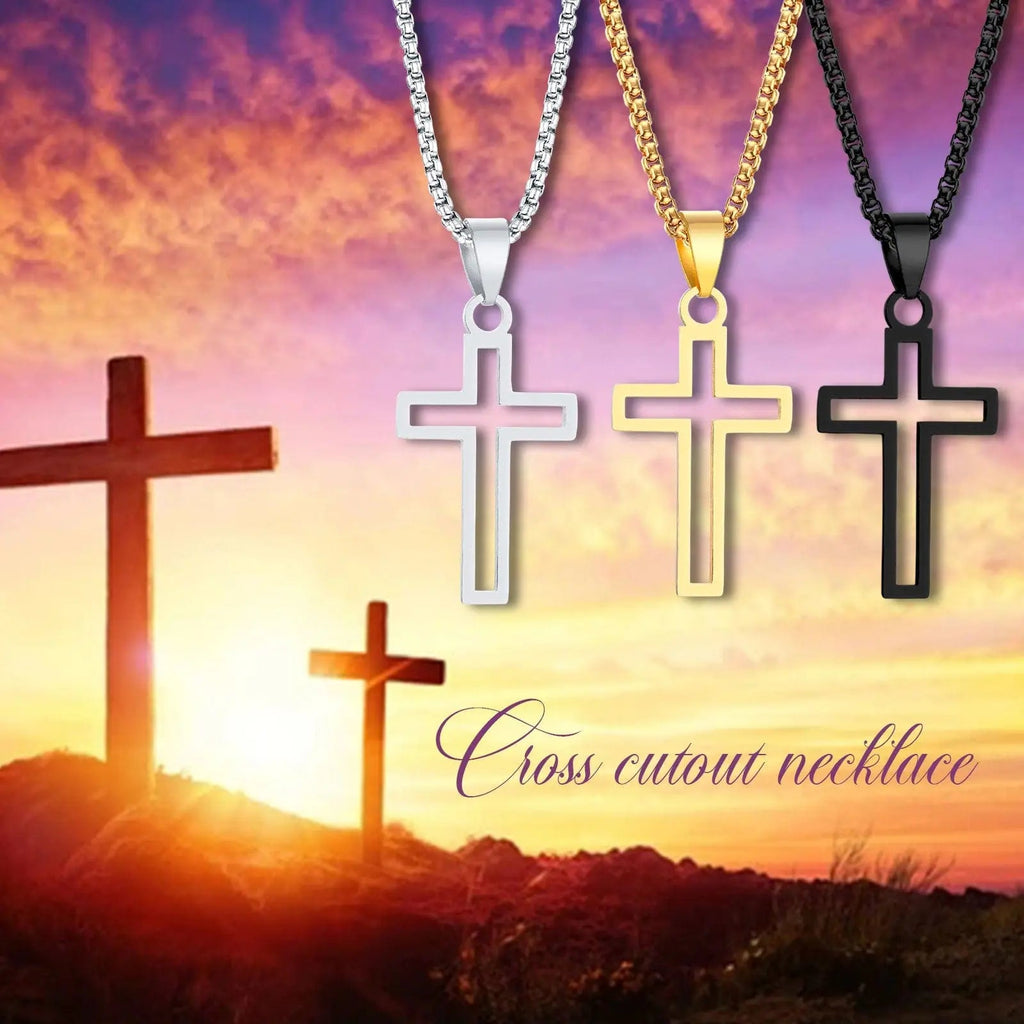 Stainless steel Vnox hollow cross necklace with cutout pendant on a 24-inch chain, suitable for men and women.