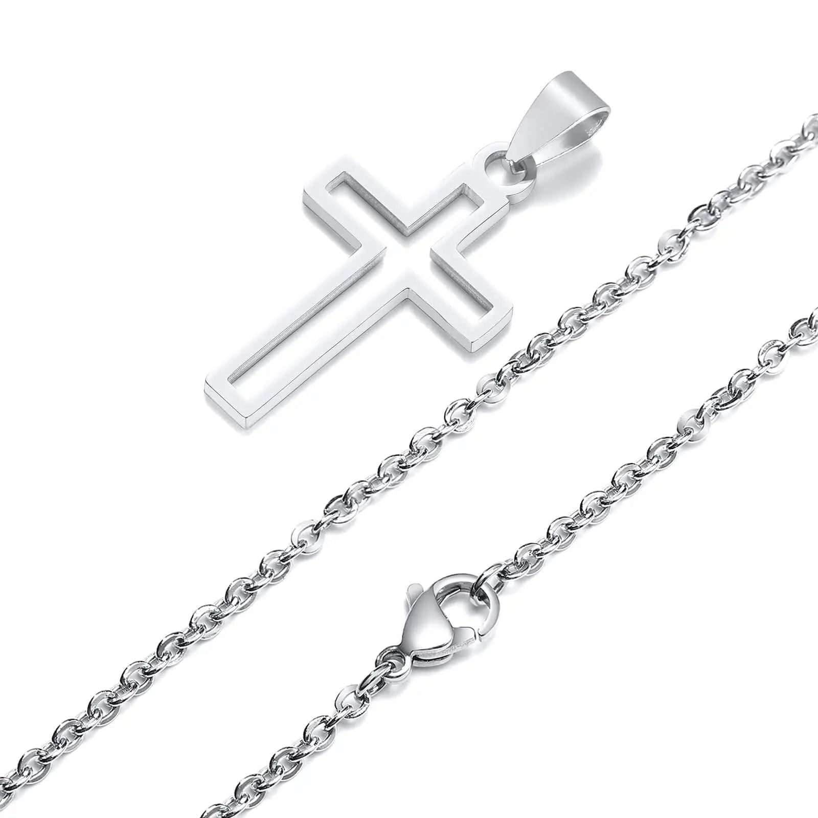 Vnox stainless steel hollow cross necklace with cutout pendant and 24-inch chain, unisex religious faith jewelry.