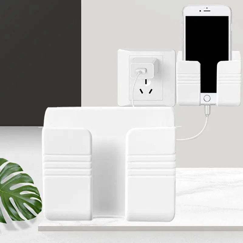 Wall-mounted Showlu mobile phone holder and charging stand with punch-free design, securely attached to a wall.