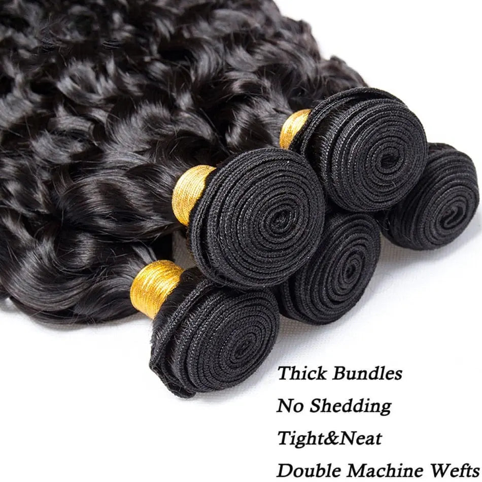 Showlu Store Water Wave Brazilian Virgin Human Hair Bundles, deep kinky curly 12A Brazilian hair weave, natural textured extensions.
