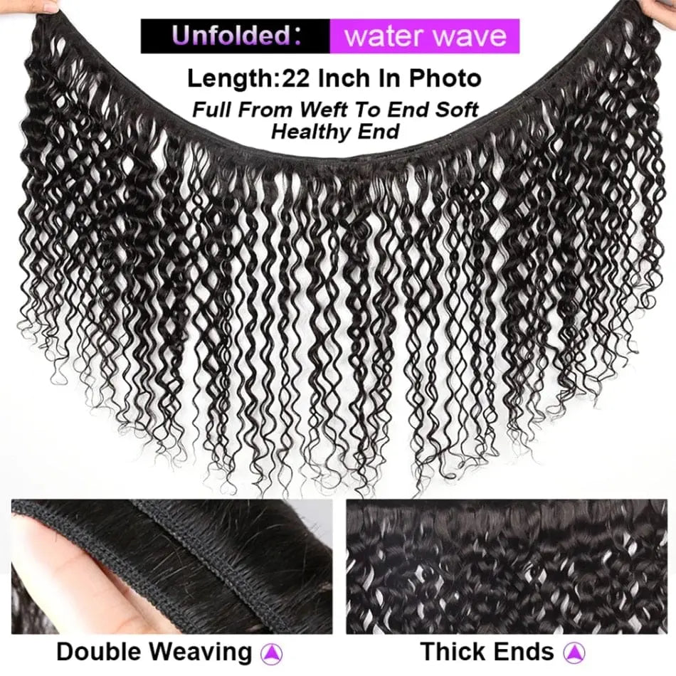 Showlu Store Water Wave Brazilian Virgin Human Hair Weave bundles, deep kinky curly 12A 100g extensions, natural texture, multiple pieces