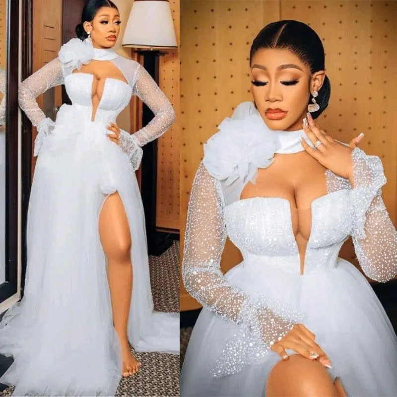 White YiMinpwp high neck tulle wedding dress with long sleeves, A-line silhouette, side split, and sweep train for bride or bridal shower.