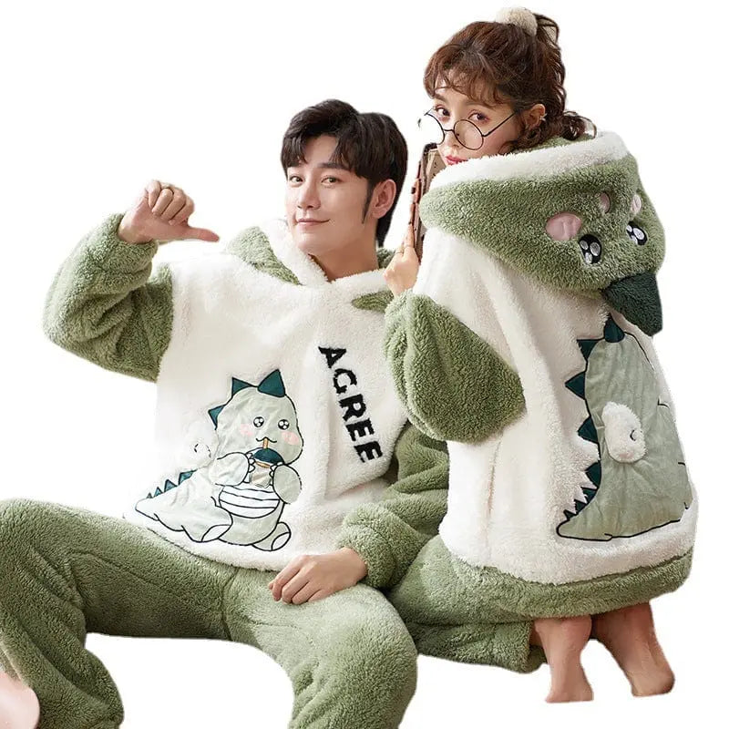 Unisex cartoon velvet flannel pajamas set with cute print, featuring long sleeves and matching pants, cozy sleepwear for adults.