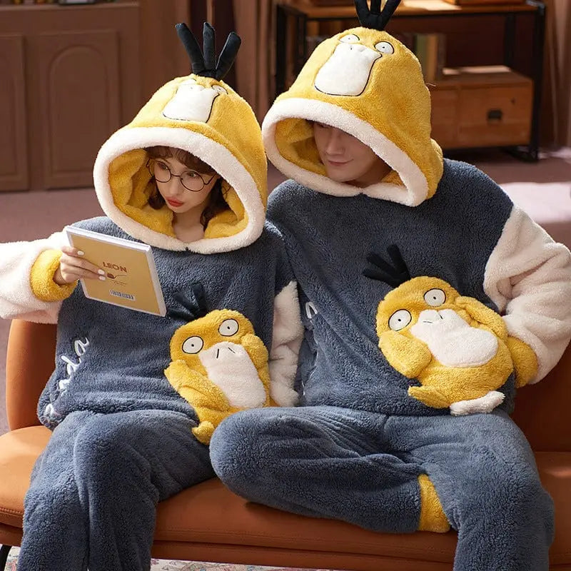 Unisex cartoon velvet flannel pajamas set with colorful fun design, comfortable sleepwear for adults by Showlu Fashion.