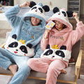 Showlu unisex cartoon flannel pajamas set with colorful cartoon print, cozy velvet sleepwear for adults and kids.