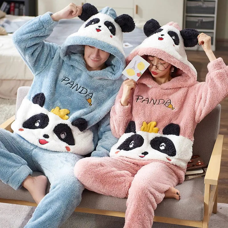 Showlu unisex cartoon flannel pajamas set with colorful cartoon print, cozy velvet sleepwear for adults and kids.