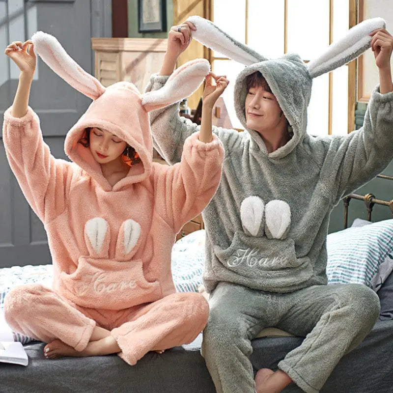 Unisex cartoon velvet flannel pajamas set with playful print, cozy sleepwear for adults, soft and comfortable nightwear for men and women