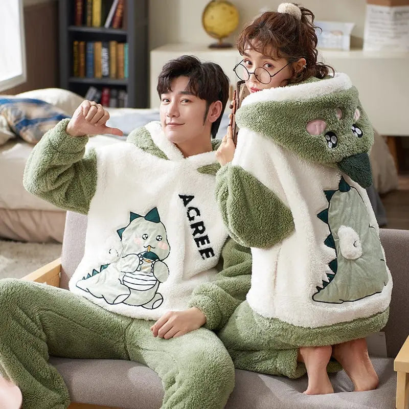 Showlu unisex cartoon flannel pajamas set featuring colorful cartoon designs, soft velvet fabric, comfortable sleepwear for adults.