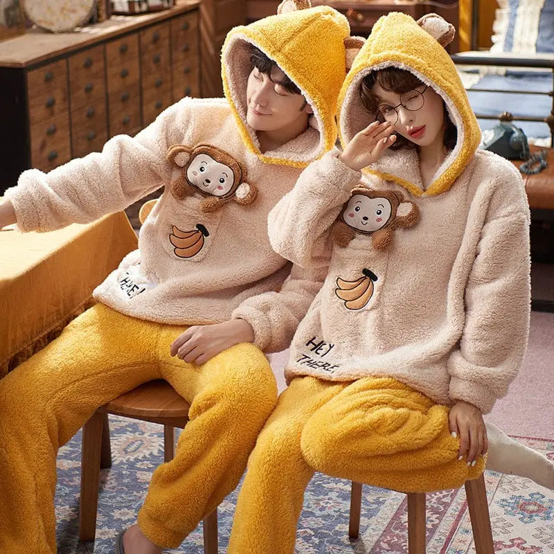 Showlu unisex cartoon flannel pajamas set featuring a colorful cartoon design, velvet fabric, cozy sleepwear for adults.