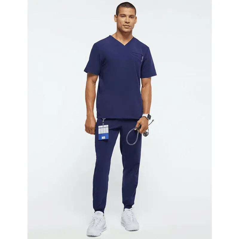 Men's nursing scrubs set with breathable joggers, medical uniform by Showlu Fashion Store, featuring comfortable, professional medical attire.