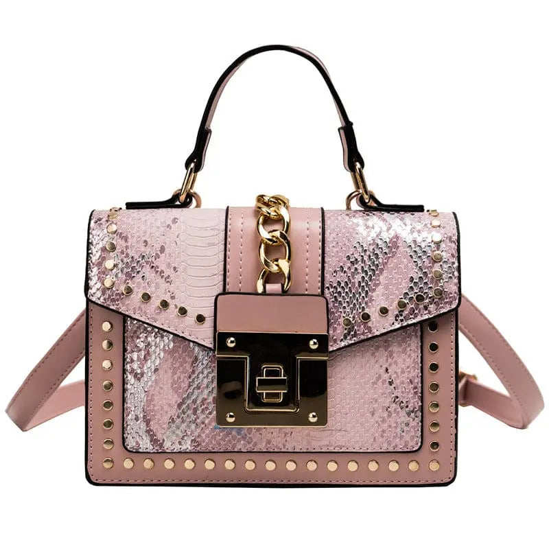 Showlu snakeskin PU leather women's handbag with designer lock, crossbody style, shoulder strap, and stylish finish.