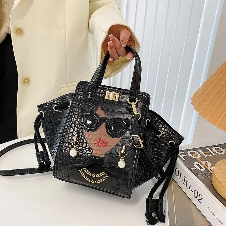 Black Crocodile Pattern Foldable Handbag for women, Showlu Women's crossbody bag with face pattern and compact design