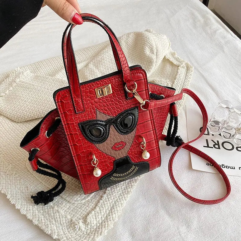 Black crocodile pattern foldable handbag for women, Showlu Women's crossbody bag with face design and versatile style.