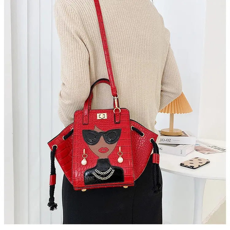 Black Crocodile Pattern Foldable Handbag for women, Showlu Women's Crossbody Bag with face pattern and versatile design