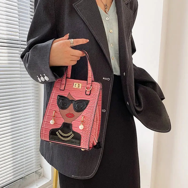 Showlu Women's black crocodile pattern foldable crossbody handbag with face design, stylish and versatile for everyday use.