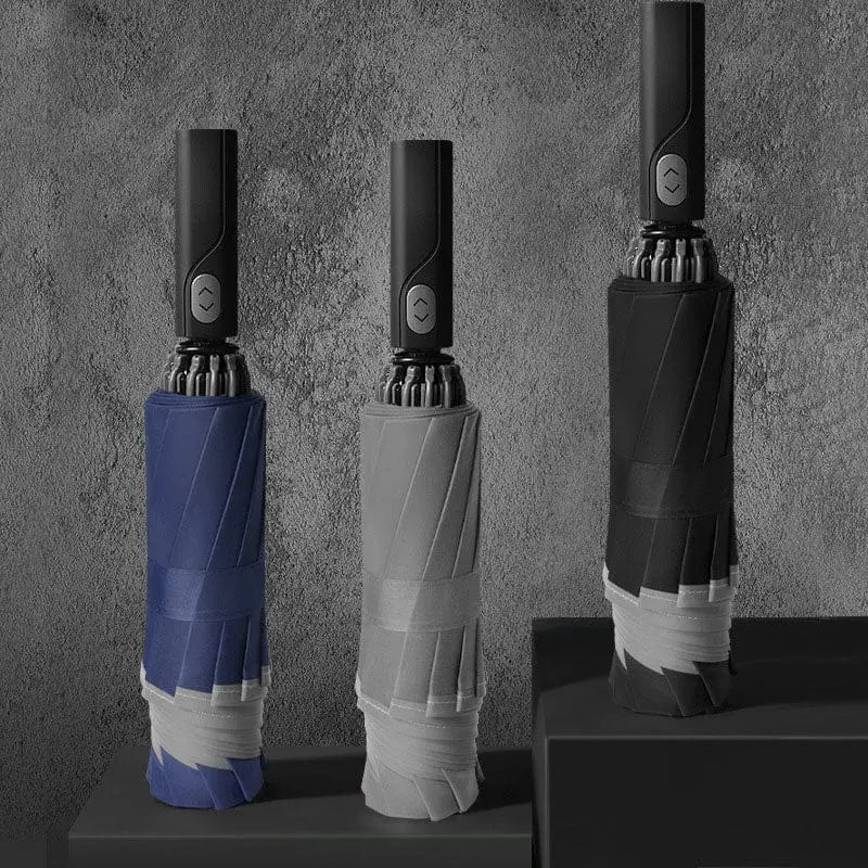 Showlu Fashion Store windproof reverse automatic umbrella with 10 ribs, reflective stripe, large size, suitable for rain and wind.