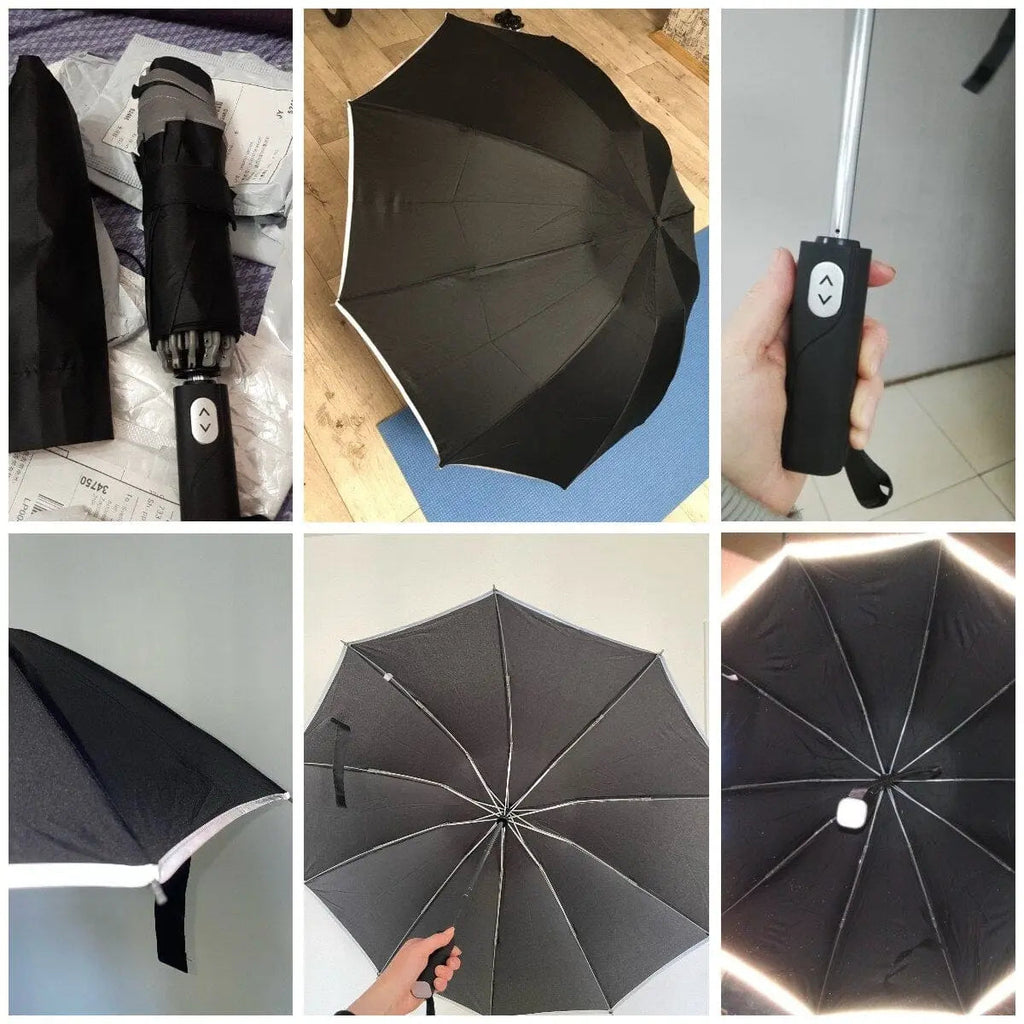 Showlu Fashion Store windproof reverse automatic umbrella with 10-rib structure, reflective stripe, large size, suitable for rain and wind.