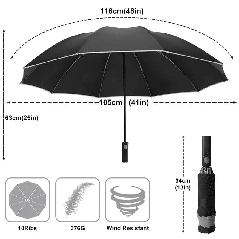 Showlu Fashion Store windproof reverse automatic umbrella with 10 ribs, reflective stripe, large size, suitable for women and men.